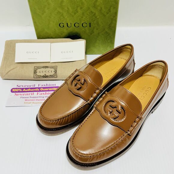 Gucci Interlocking G Men's 7.5/ US 8 Brown Leather Loafers Slip-On Shoes NIB - Picture 3 of 11
